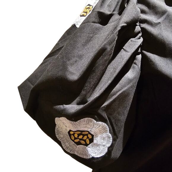 y Design S Black Puff Sleeve Button Up Embroidered Top NWT Poplin Holiday Chic - Picture 9 of 13